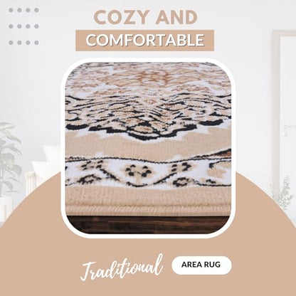 Beige Premier Collection Indoor Medallion Rectangular Area Rug Cozy & Comfortable Classic Colors Rugs for Bedroom, Living Room, Floor Covering