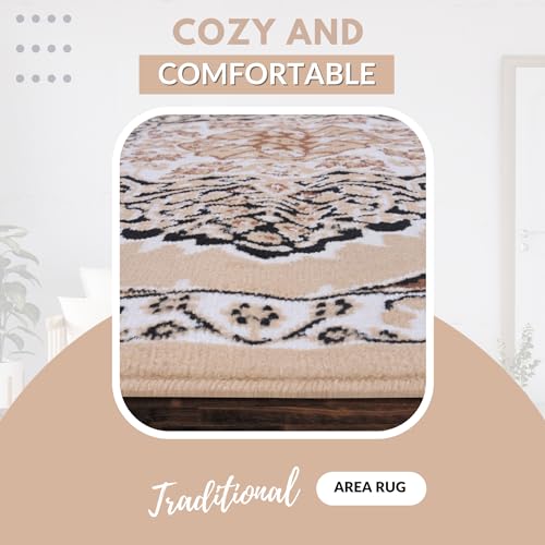 Beige Premier Collection Indoor Medallion Rectangular Area Rug Cozy & Comfortable Classic Colors Rugs for Bedroom, Living Room, Floor Covering