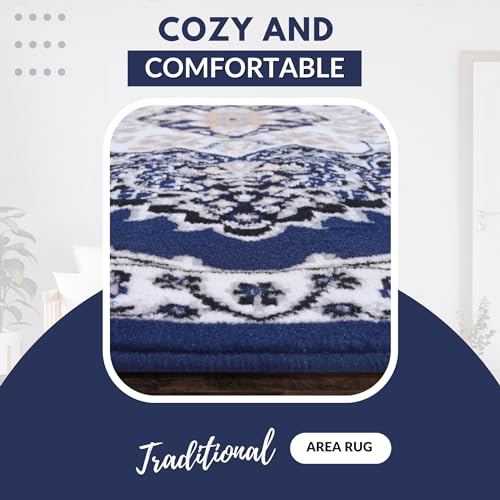 Blue Premier Collection Indoor Medallion Rectangular Area Rug Cozy & Comfortable Classic Colors Rugs for Bedroom, Living Room, Floor Covering
