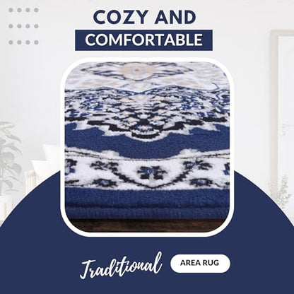 Blue Premier Collection Indoor Medallion Rectangular Area Rug Cozy & Comfortable Classic Colors Rugs for Bedroom, Living Room, Floor Covering