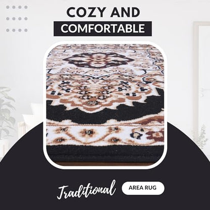 Black Premier Collection Indoor Medallion Rectangular Area Rug Cozy & Comfortable Classic Colors Rugs for Bedroom, Living Room, Floor Covering