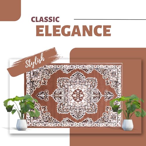 Brown Premier Collection Indoor Medallion Rectangular Area Rug Cozy & Comfortable Classic Colors Rugs for Bedroom, Living Room, Floor Covering