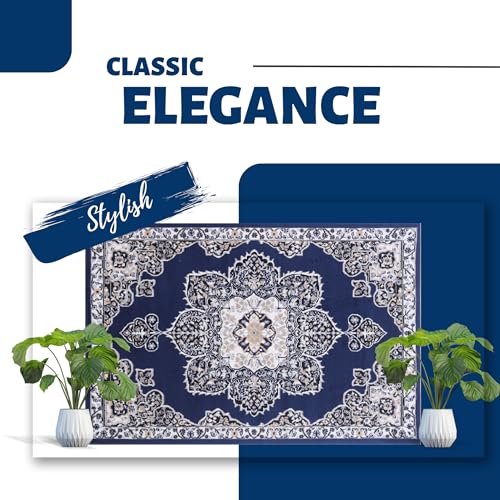 Blue Premier Collection Indoor Medallion Rectangular Area Rug Cozy & Comfortable Classic Colors Rugs for Bedroom, Living Room, Floor Covering
