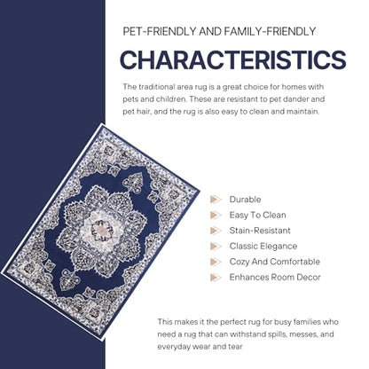 Blue Premier Collection Indoor Medallion Rectangular Area Rug Cozy & Comfortable Classic Colors Rugs for Bedroom, Living Room, Floor Covering