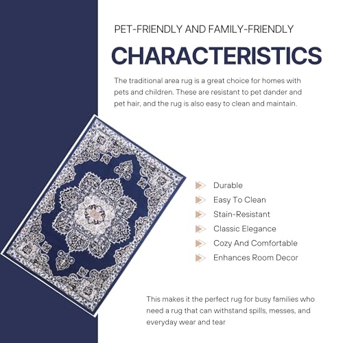 Blue Premier Collection Indoor Medallion Rectangular Area Rug Cozy & Comfortable Classic Colors Rugs for Bedroom, Living Room, Floor Covering