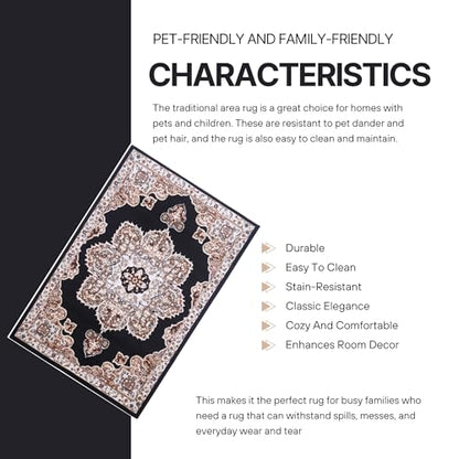 Black Premier Collection Indoor Medallion Rectangular Area Rug Cozy & Comfortable Classic Colors Rugs for Bedroom, Living Room, Floor Covering