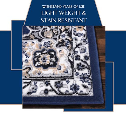 Blue Premier Collection Indoor Medallion Rectangular Area Rug Cozy & Comfortable Classic Colors Rugs for Bedroom, Living Room, Floor Covering