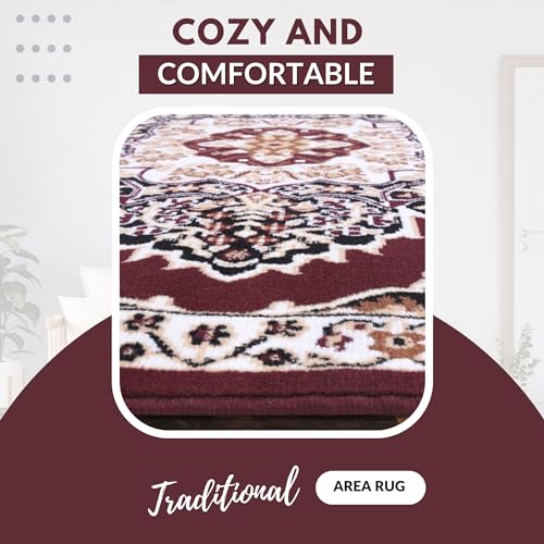 Burgundy Premier Collection Indoor Medallion Rectangular Area Rug Cozy & Comfortable Classic Colors Rugs for Bedroom, Living Room, Floor Covering