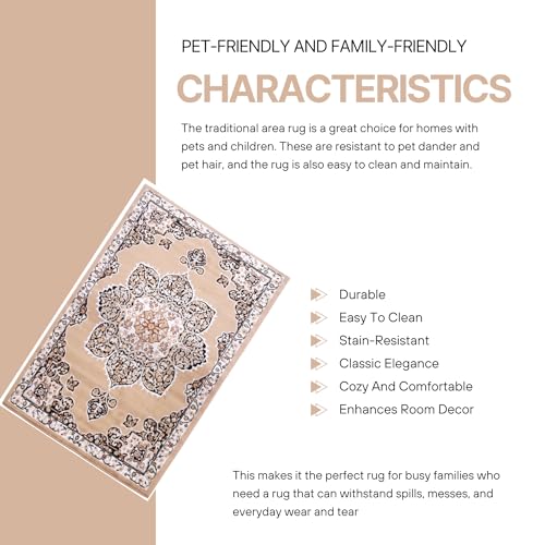Beige Premier Collection Indoor Medallion Rectangular Area Rug Cozy & Comfortable Classic Colors Rugs for Bedroom, Living Room, Floor Covering