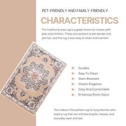 Beige Premier Collection Indoor Medallion Rectangular Area Rug Cozy & Comfortable Classic Colors Rugs for Bedroom, Living Room, Floor Covering