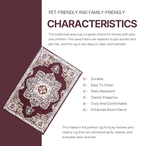 Burgundy Premier Collection Indoor Medallion Rectangular Area Rug Cozy & Comfortable Classic Colors Rugs for Bedroom, Living Room, Floor Covering