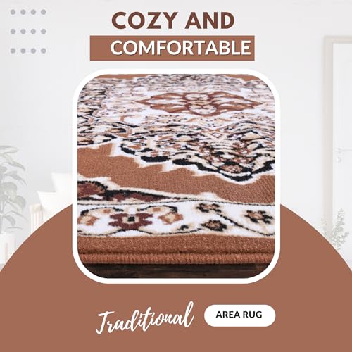 Brown Premier Collection Indoor Medallion Rectangular Area Rug Cozy & Comfortable Classic Colors Rugs for Bedroom, Living Room, Floor Covering