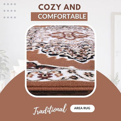 Brown Premier Collection Indoor Medallion Rectangular Area Rug Cozy & Comfortable Classic Colors Rugs for Bedroom, Living Room, Floor Covering